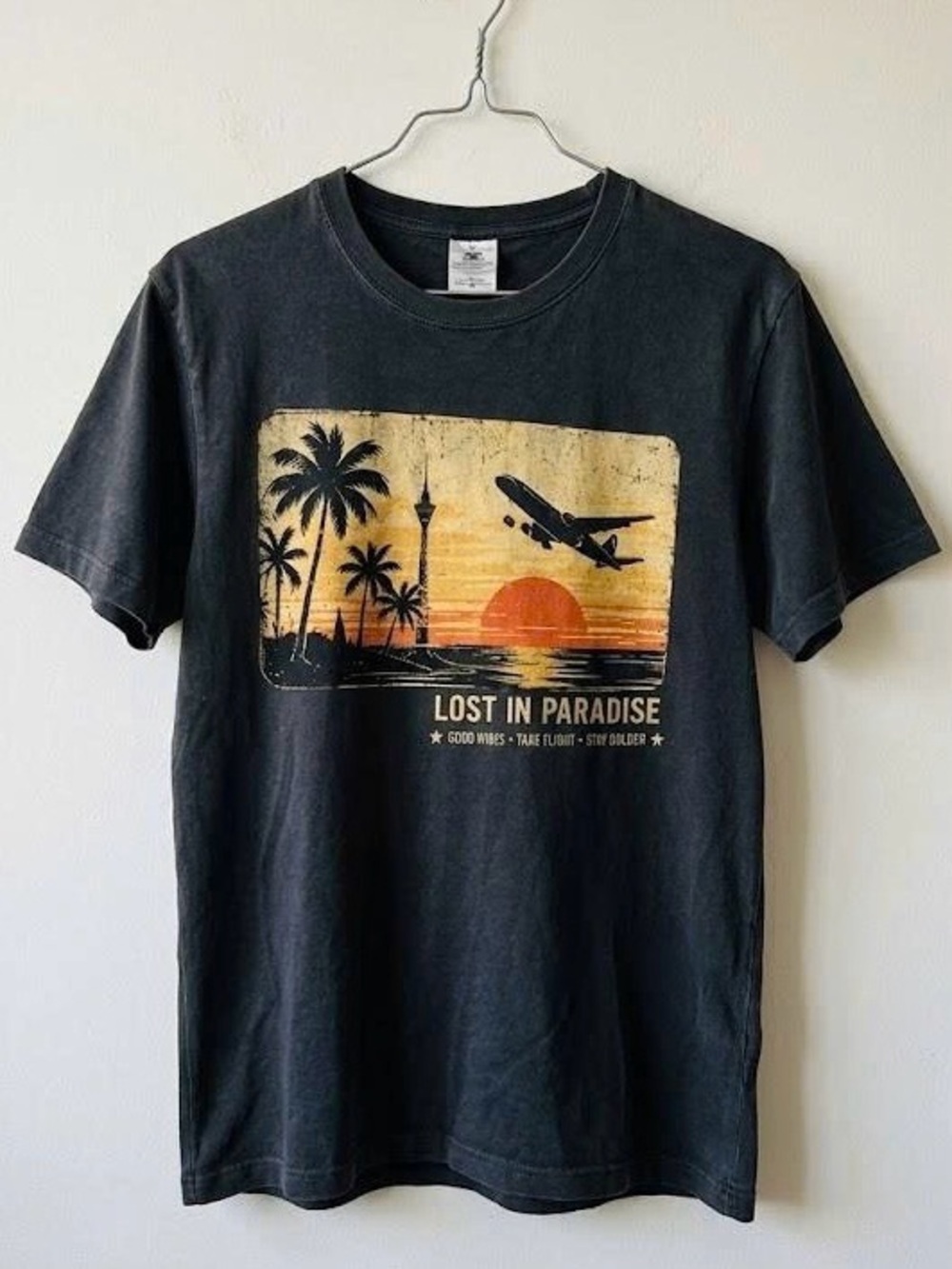 Lost in Paradise Vintage Graphic Tee - Retro Sunset Beach Airplane Unisex Tee